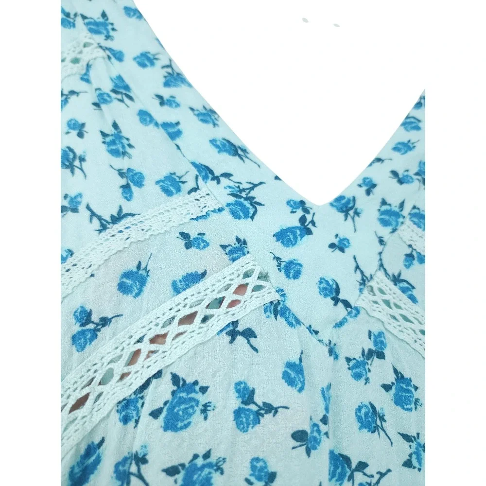 Free People Intimately Mini Dress Womens XS Blue Teal Floral Crochet Lace Soft